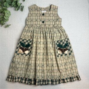 Vintage Rebecca Raggs Girls' Size 5 Pinafore Dress Acorn Leaves Embroidery Plaid